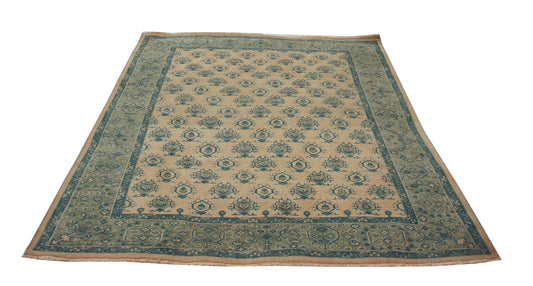 8x10 Beige Blue Wool Area Rug - Hand Knotted Oriental Geometric Style