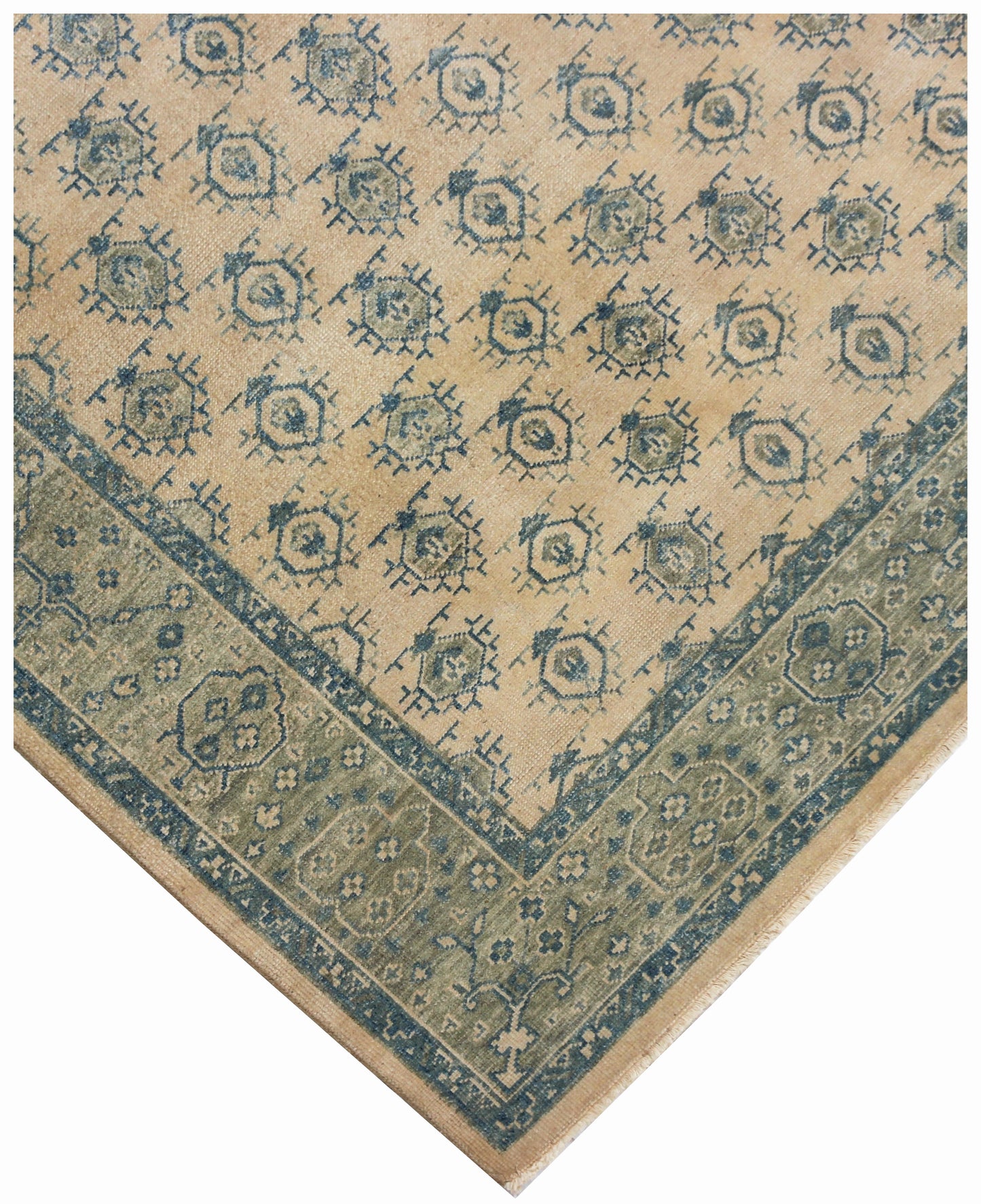 8x10 Beige Blue Wool Area Rug - Hand Knotted Oriental Geometric Style