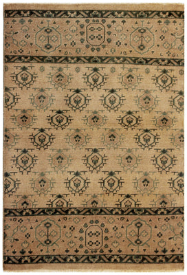 Beige Sand Green 4x6 Wool Area Rug - Hand Knotted Vintage Antique Oriental Geometric