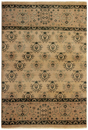 Beige Sand Green 4x6 Wool Area Rug - Hand Knotted Vintage Antique Oriental Geometric