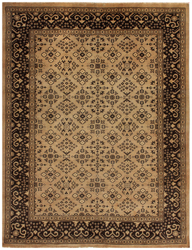 Cream Black 8x10 Hand Knotted Wool Area Rug - Vintage Antique Oriental Geometric