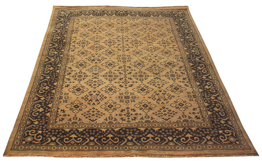 Cream Black 8x10 Hand Knotted Wool Area Rug - Vintage Antique Oriental Geometric