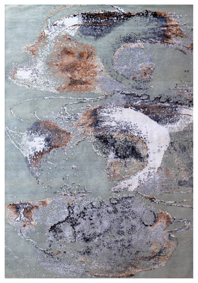 Sage Green Brown Terracotta Charcoal Ivory Ink Wash Abstract Hand Knotted Wool Viscose 6x9 Bhadohi Area Rug