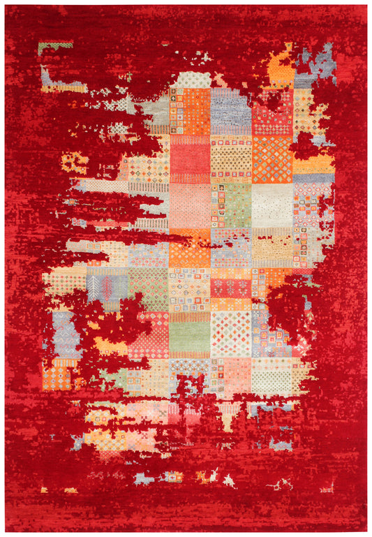 Hand Knotted Contemporary Abstract Wool Rug 5.6x8 Red Multi Distressed