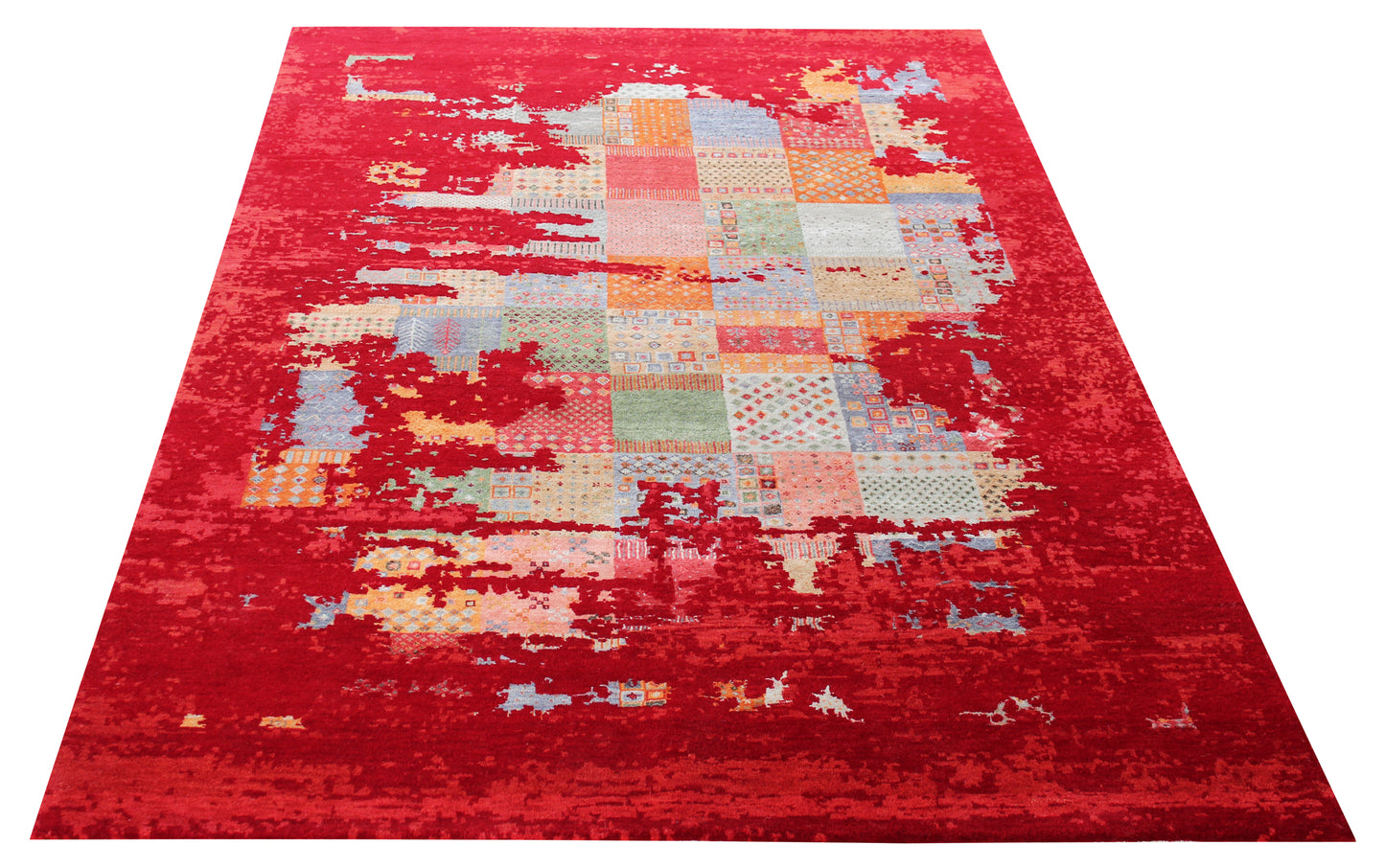 Hand Knotted Contemporary Abstract Wool Rug 5.6x8 Red Multi Distressed