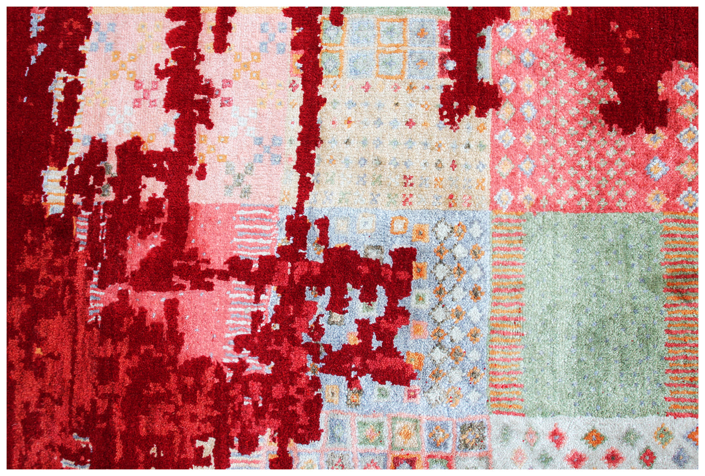Hand Knotted Contemporary Abstract Wool Rug 5.6x8 Red Multi Distressed
