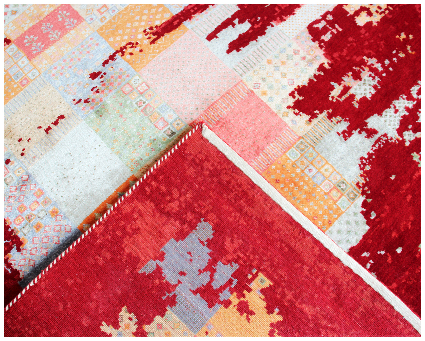 Hand Knotted Contemporary Abstract Wool Rug 5.6x8 Red Multi Distressed