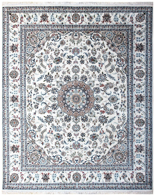 Ivory Cream Grey Blush Pink Persian Nain Medallion Hand Knotted Wool Bamboo Silk 8x10 Bhadohi Area Rug