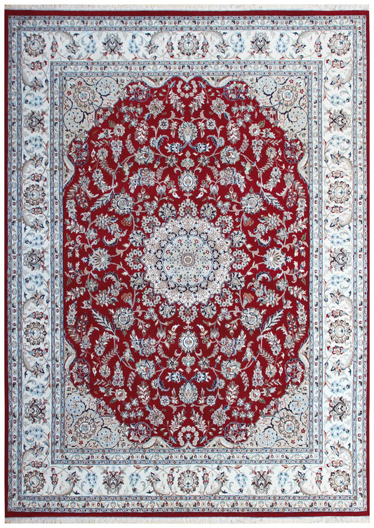 Crimson Ruby Red Ivory Cream Sage Persian Nain Medallion Hand Knotted Wool Bamboo Silk 9x12 Bhadohi Area Rug