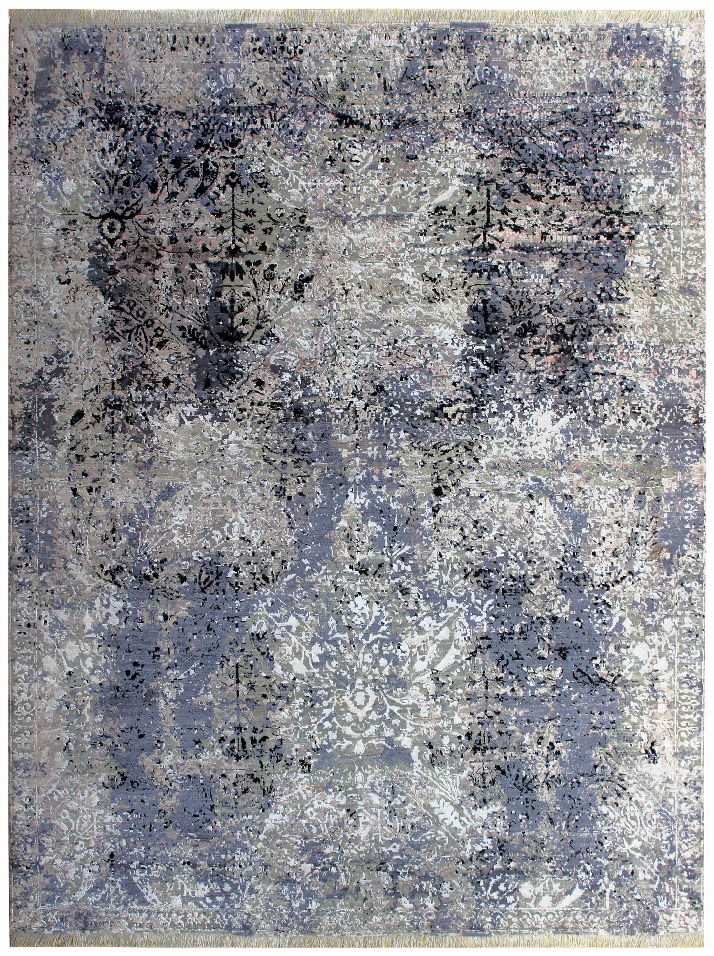 Steel Blue Slate Charcoal Silver Eroded Floral Damask Hand Knotted Wool Viscose 8x10 Bhadohi Area Rug
