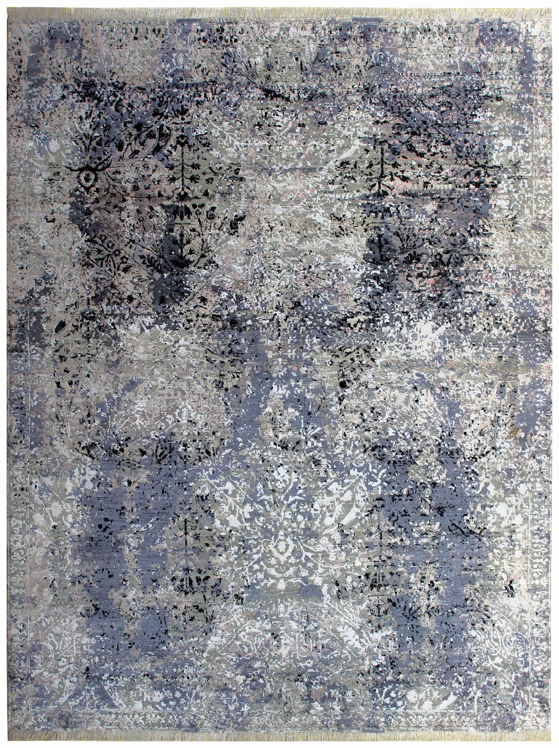 Steel Blue Slate Charcoal Silver Eroded Floral Damask Hand Knotted Wool Viscose 8x10 Bhadohi Area Rug