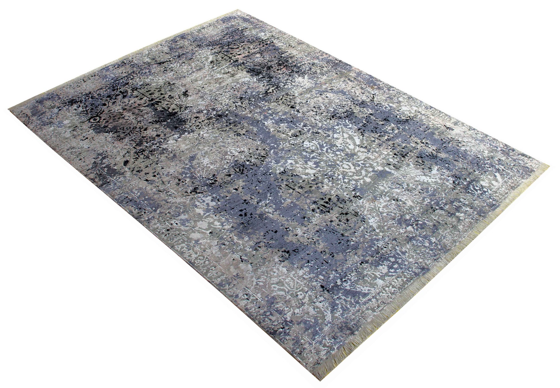 Steel Blue Slate Charcoal Silver Eroded Floral Damask Hand Knotted Wool Viscose 8x10 Bhadohi Area Rug