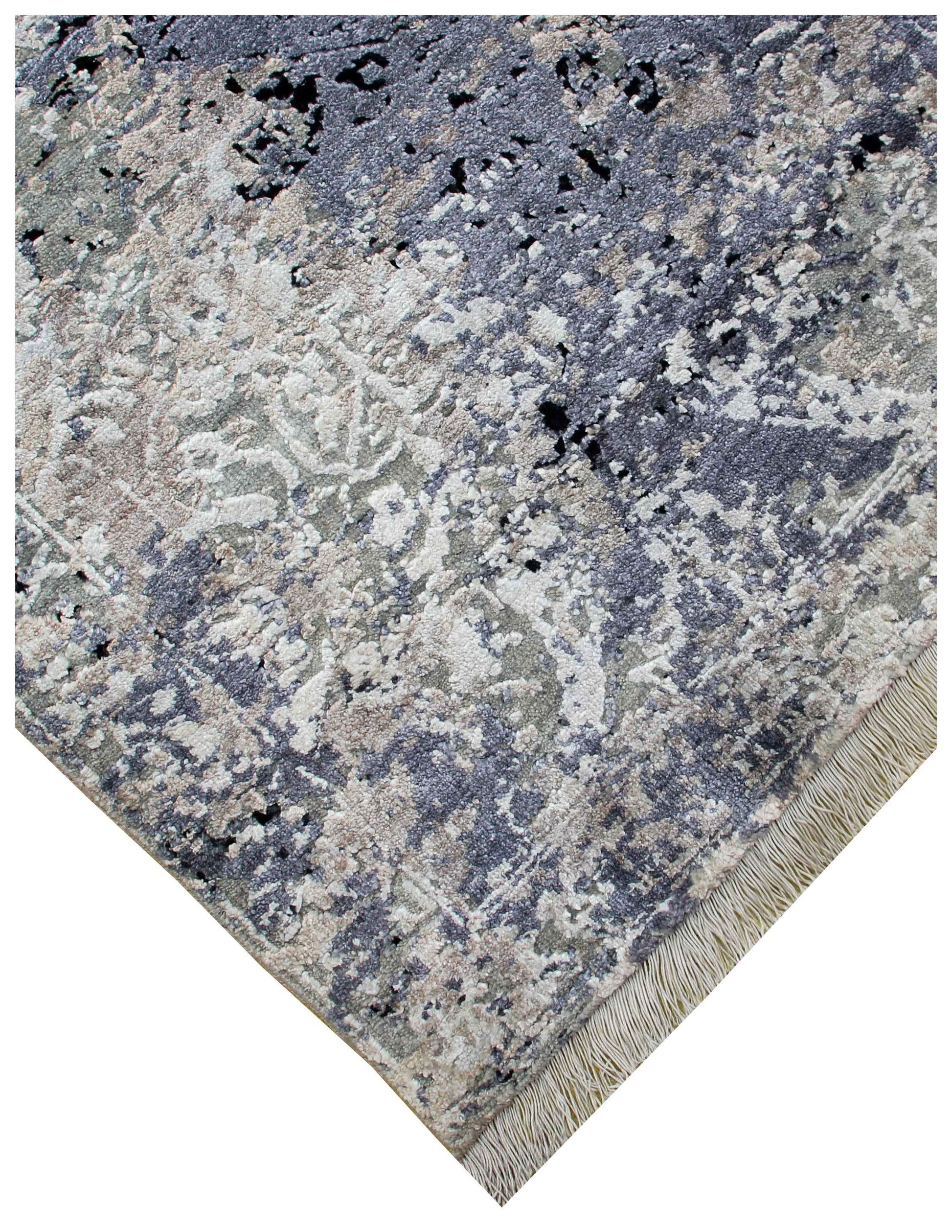 Steel Blue Slate Charcoal Silver Eroded Floral Damask Hand Knotted Wool Viscose 8x10 Bhadohi Area Rug