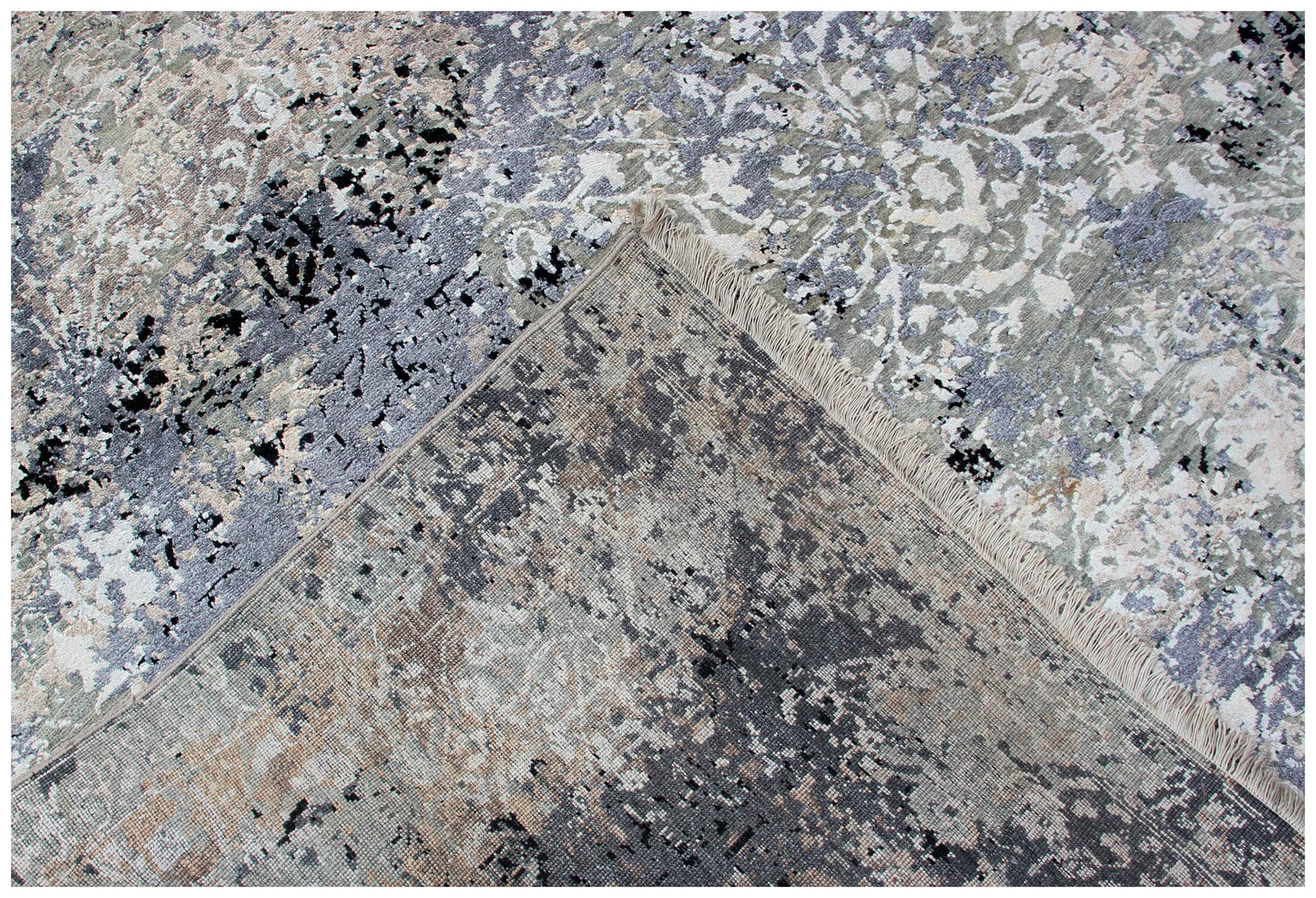 Steel Blue Slate Charcoal Silver Eroded Floral Damask Hand Knotted Wool Viscose 8x10 Bhadohi Area Rug