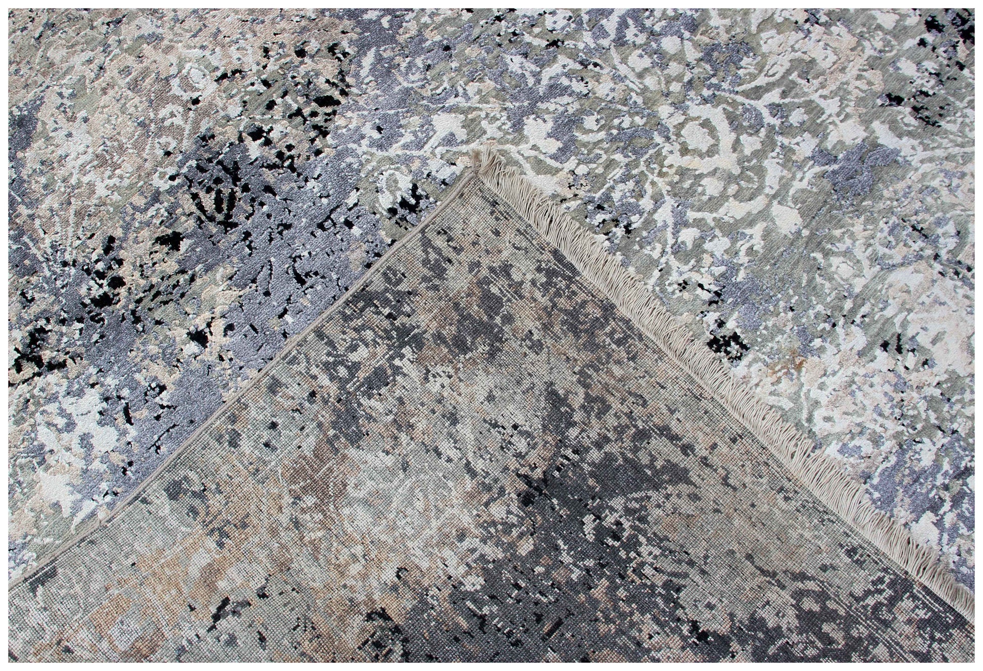 Steel Blue Slate Charcoal Silver Eroded Floral Damask Hand Knotted Wool Viscose 8x10 Bhadohi Area Rug