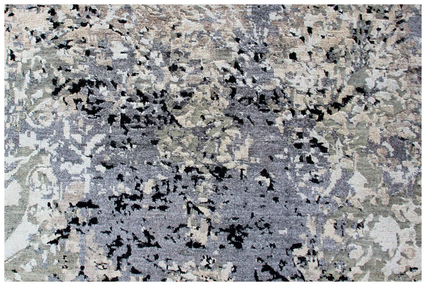 Steel Blue Slate Charcoal Silver Eroded Floral Damask Hand Knotted Wool Viscose 8x10 Bhadohi Area Rug