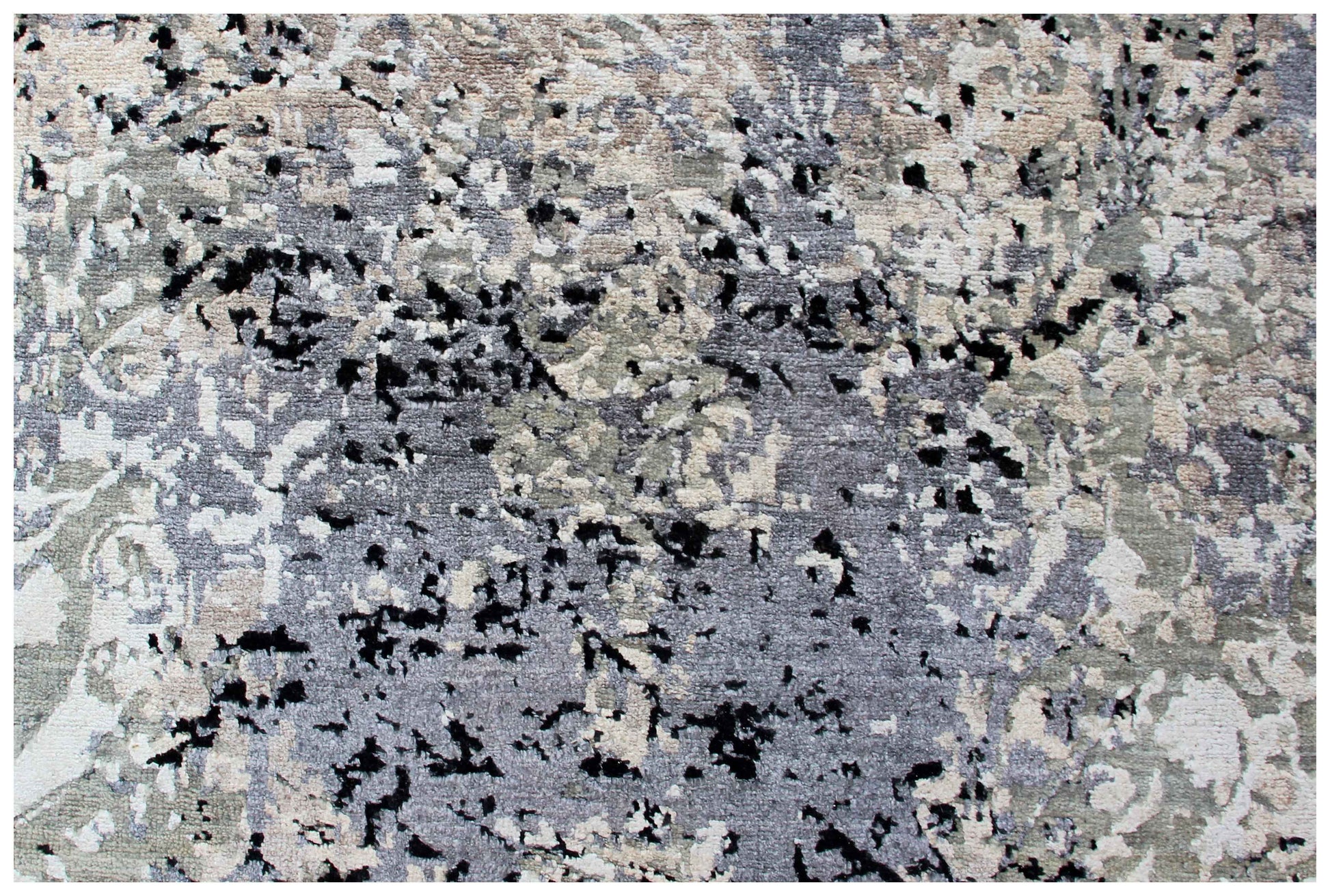 Steel Blue Slate Charcoal Silver Eroded Floral Damask Hand Knotted Wool Viscose 8x10 Bhadohi Area Rug