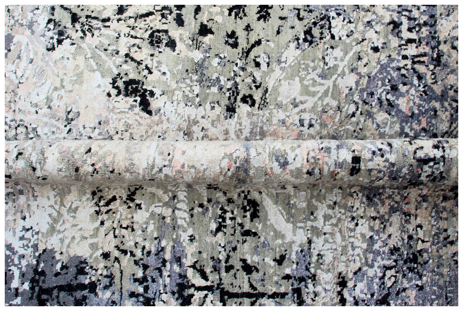 Steel Blue Slate Charcoal Silver Eroded Floral Damask Hand Knotted Wool Viscose 8x10 Bhadohi Area Rug