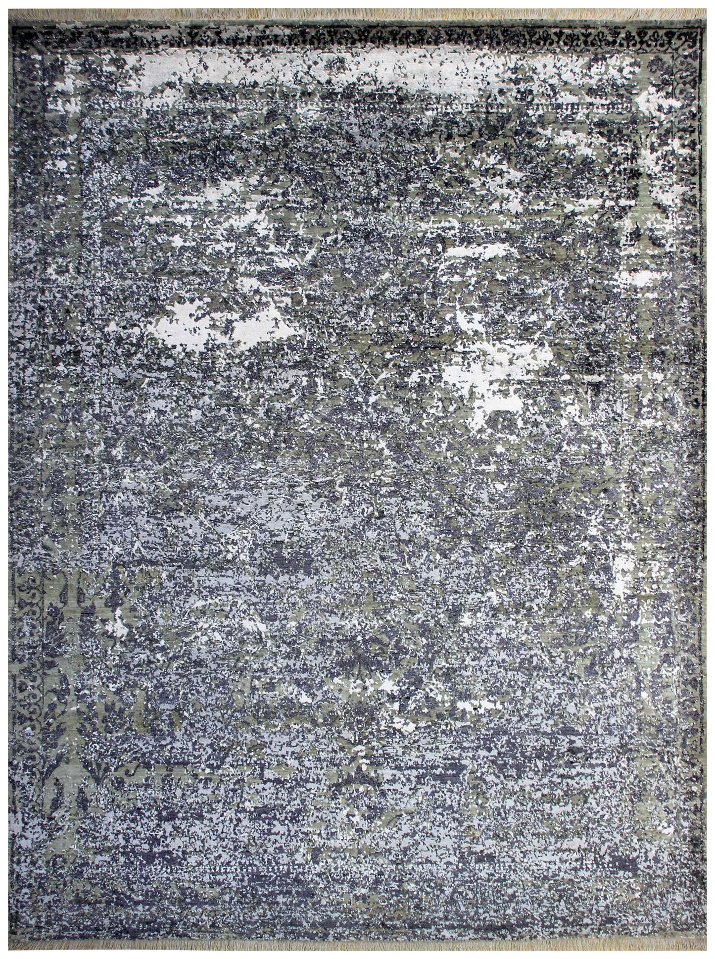 Hand Knotted Wool Viscose Charcoal Black Silver White Modern Abstract Cloud 8x10 Bhadohi Area Rug