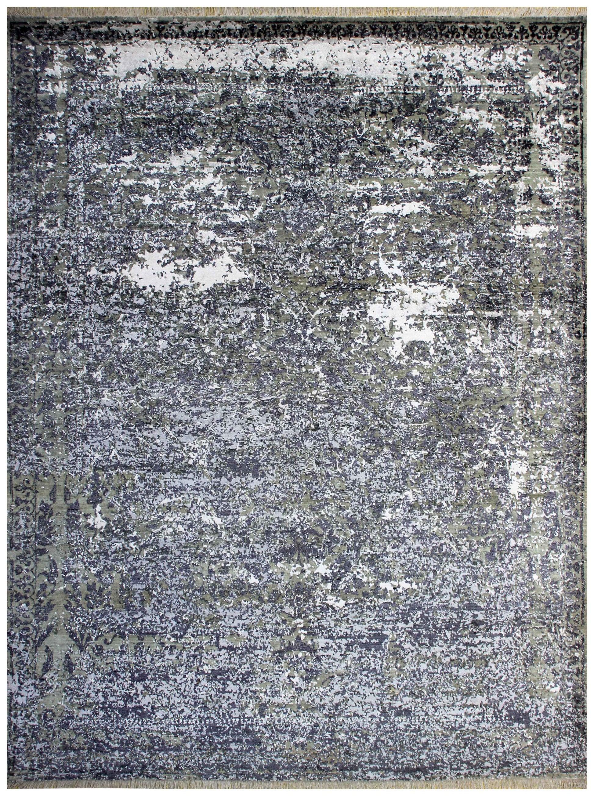 Hand Knotted Wool Viscose Charcoal Black Silver White Modern Abstract Cloud 8x10 Bhadohi Area Rug