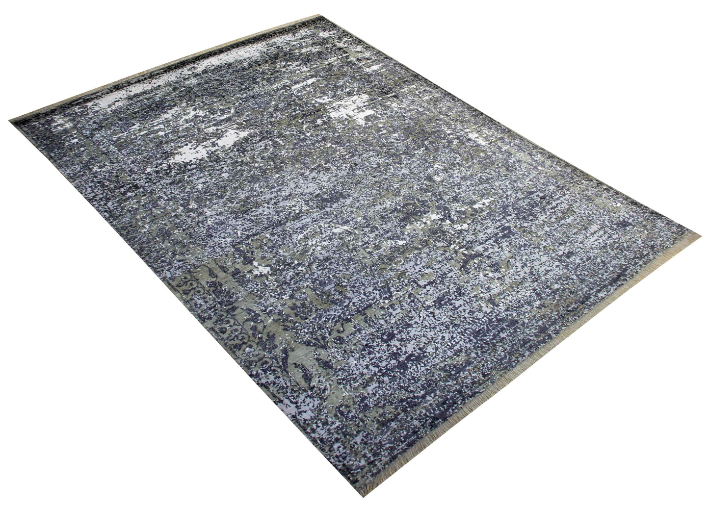 Hand Knotted Wool Viscose Charcoal Black Silver White Modern Abstract Cloud 8x10 Bhadohi Area Rug