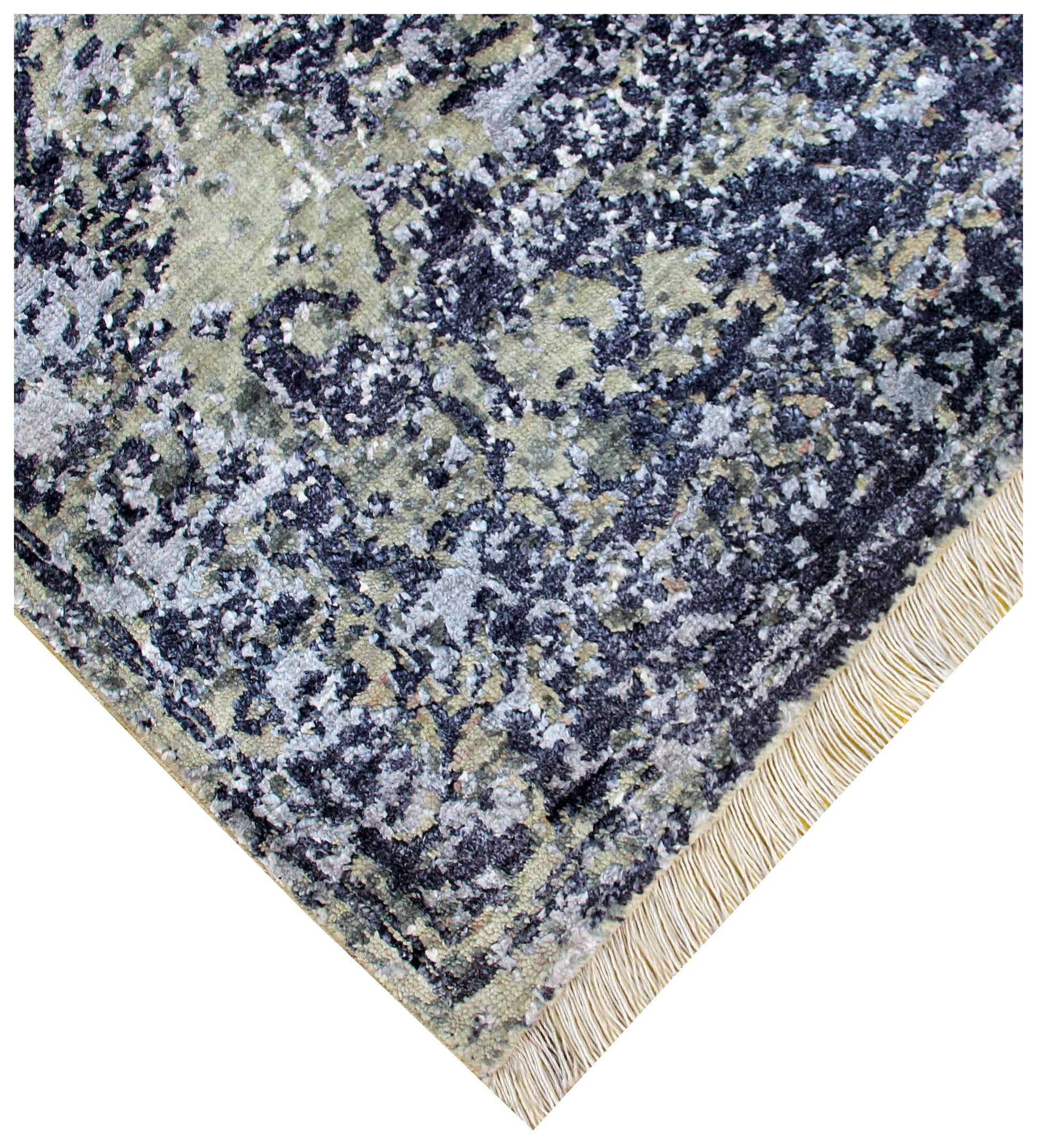 Hand Knotted Wool Viscose Charcoal Black Silver White Modern Abstract Cloud 8x10 Bhadohi Area Rug
