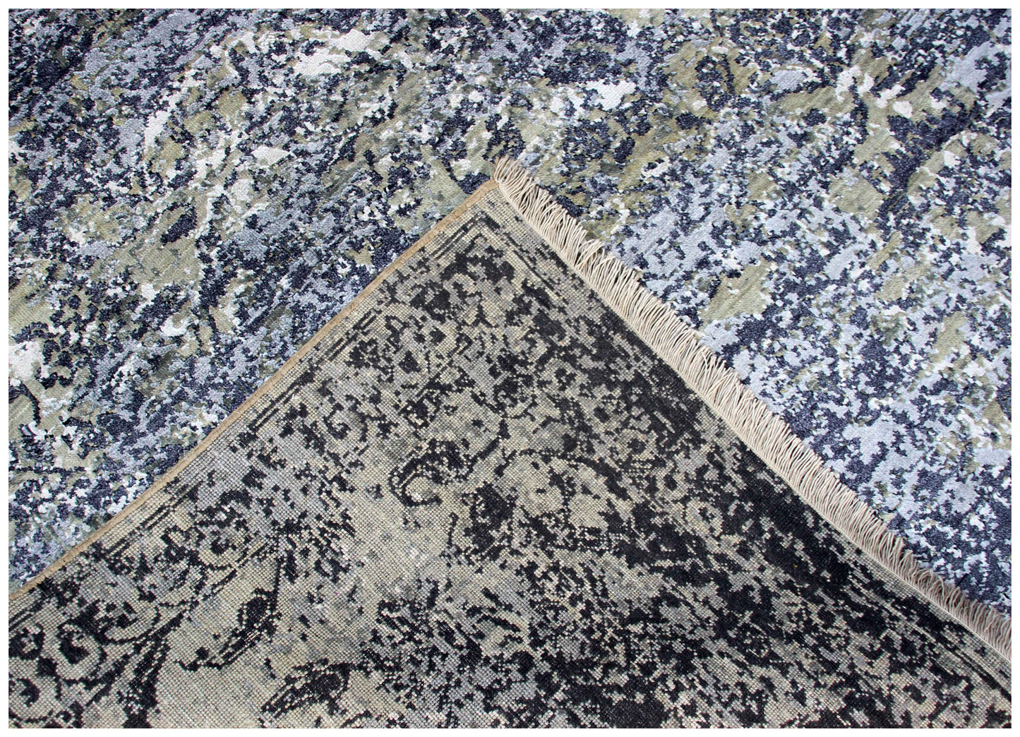 Hand Knotted Wool Viscose Charcoal Black Silver White Modern Abstract Cloud 8x10 Bhadohi Area Rug