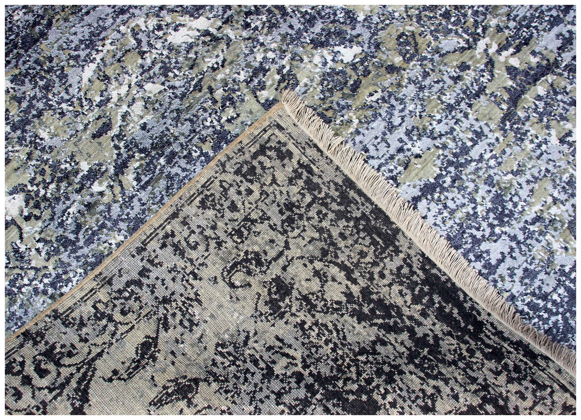 Hand Knotted Wool Viscose Charcoal Black Silver White Modern Abstract Cloud 8x10 Bhadohi Area Rug