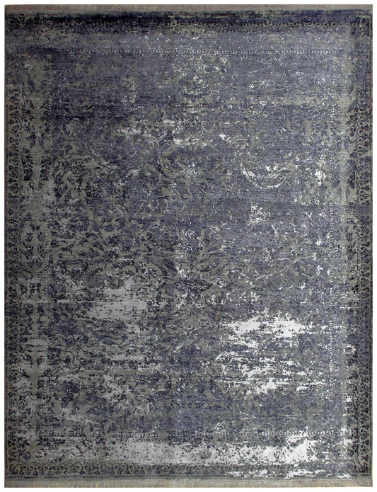 Steel Blue Navy Charcoal Silver Floral Damask 8x10 Hand Knotted Wool Viscose Bhadohi Area Rug