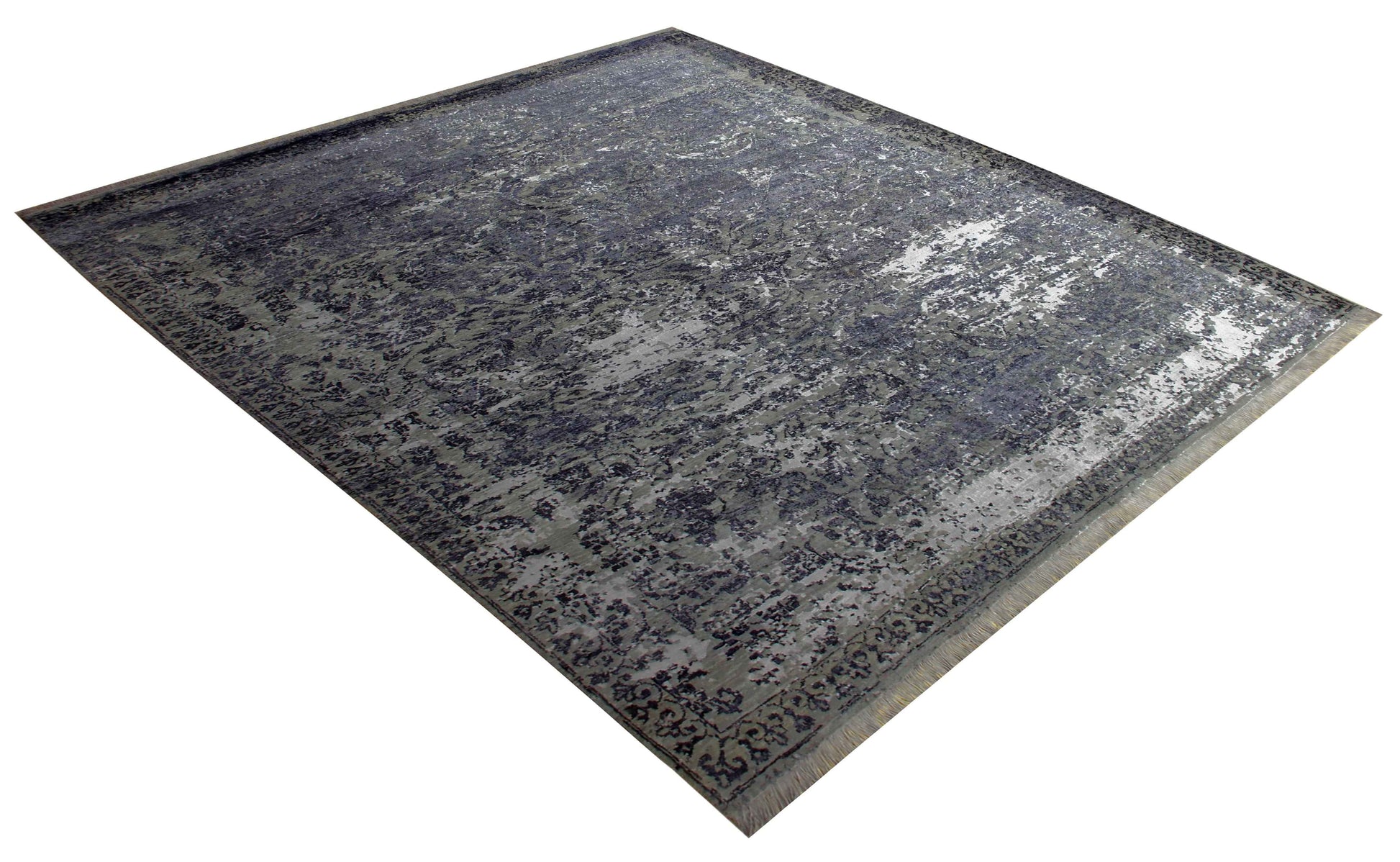 Steel Blue Navy Charcoal Silver Floral Damask 8x10 Hand Knotted Wool Viscose Bhadohi Area Rug