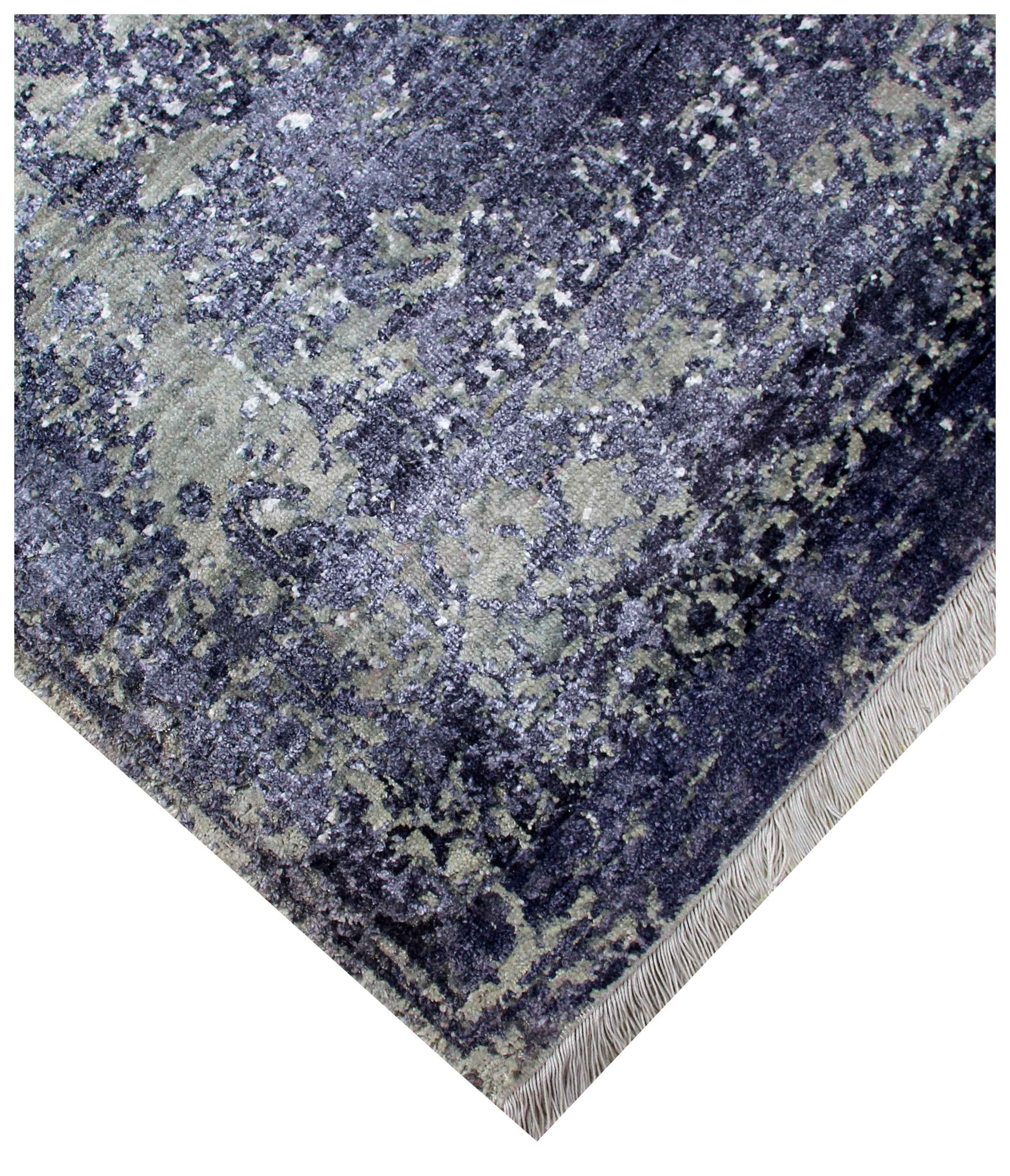 Steel Blue Navy Charcoal Silver Floral Damask 8x10 Hand Knotted Wool Viscose Bhadohi Area Rug