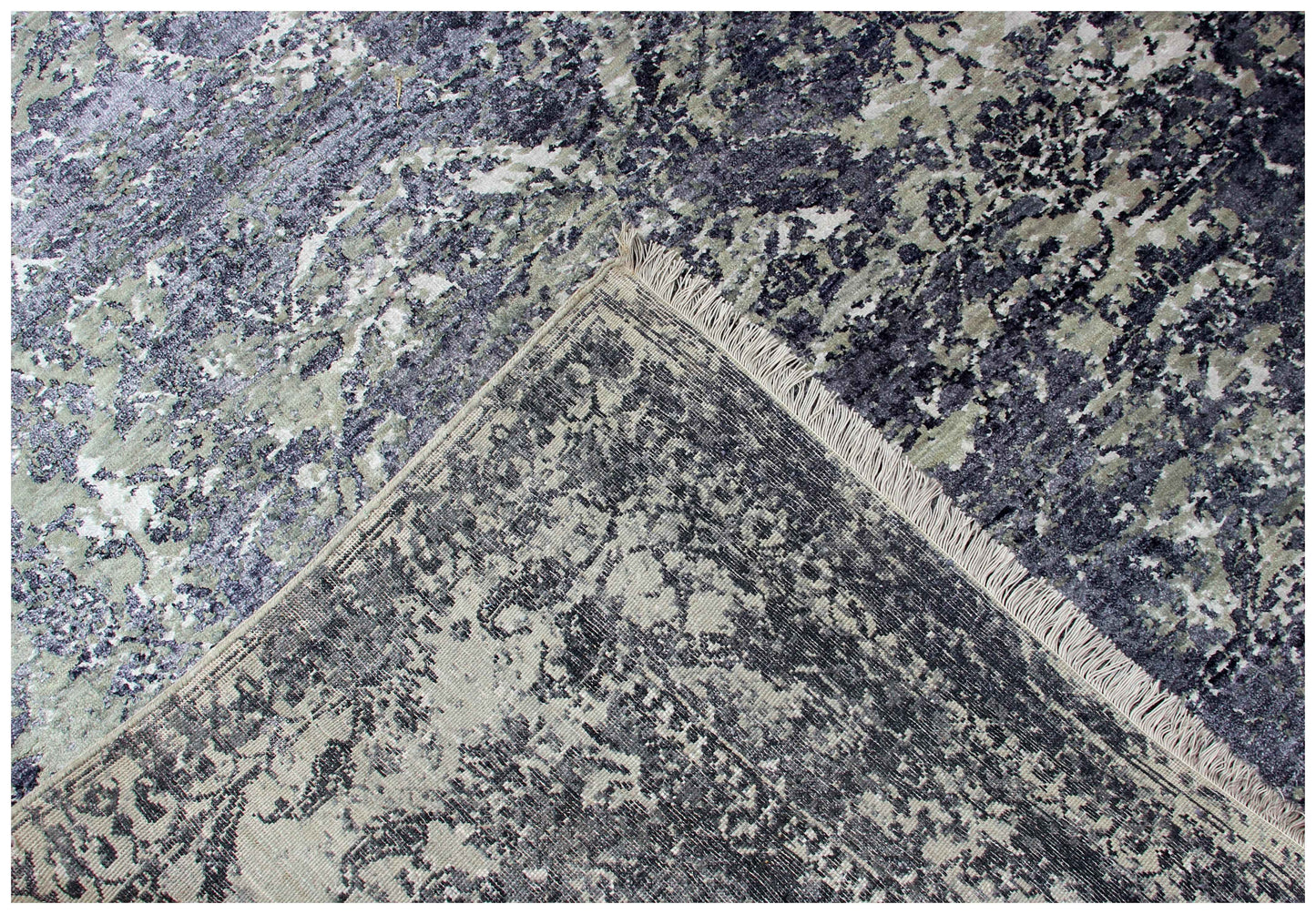 Steel Blue Navy Charcoal Silver Floral Damask 8x10 Hand Knotted Wool Viscose Bhadohi Area Rug