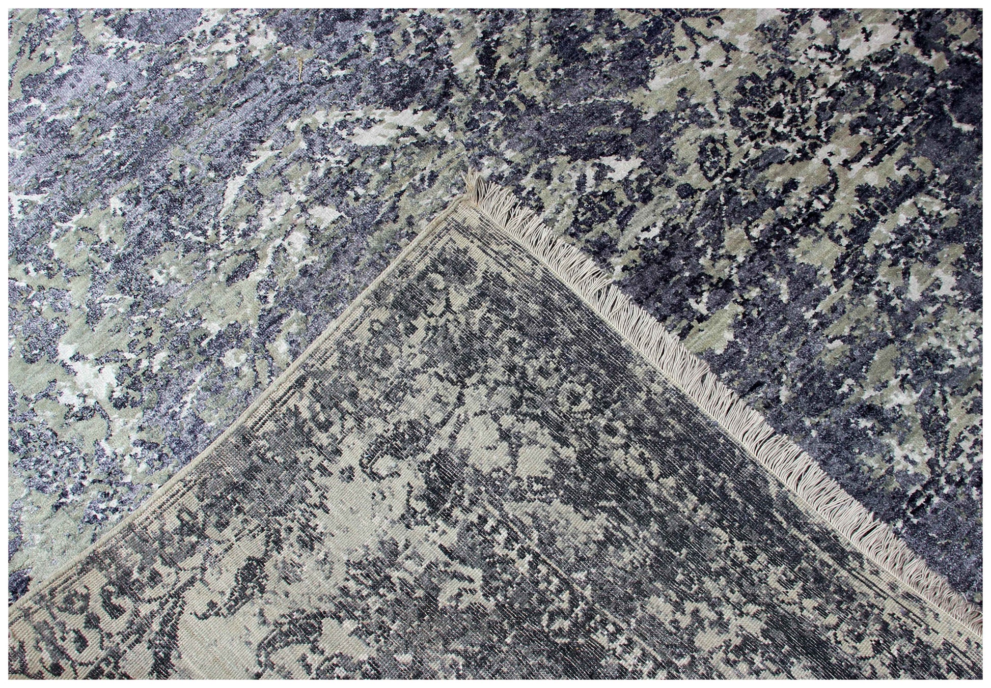 Steel Blue Navy Charcoal Silver Floral Damask 8x10 Hand Knotted Wool Viscose Bhadohi Area Rug