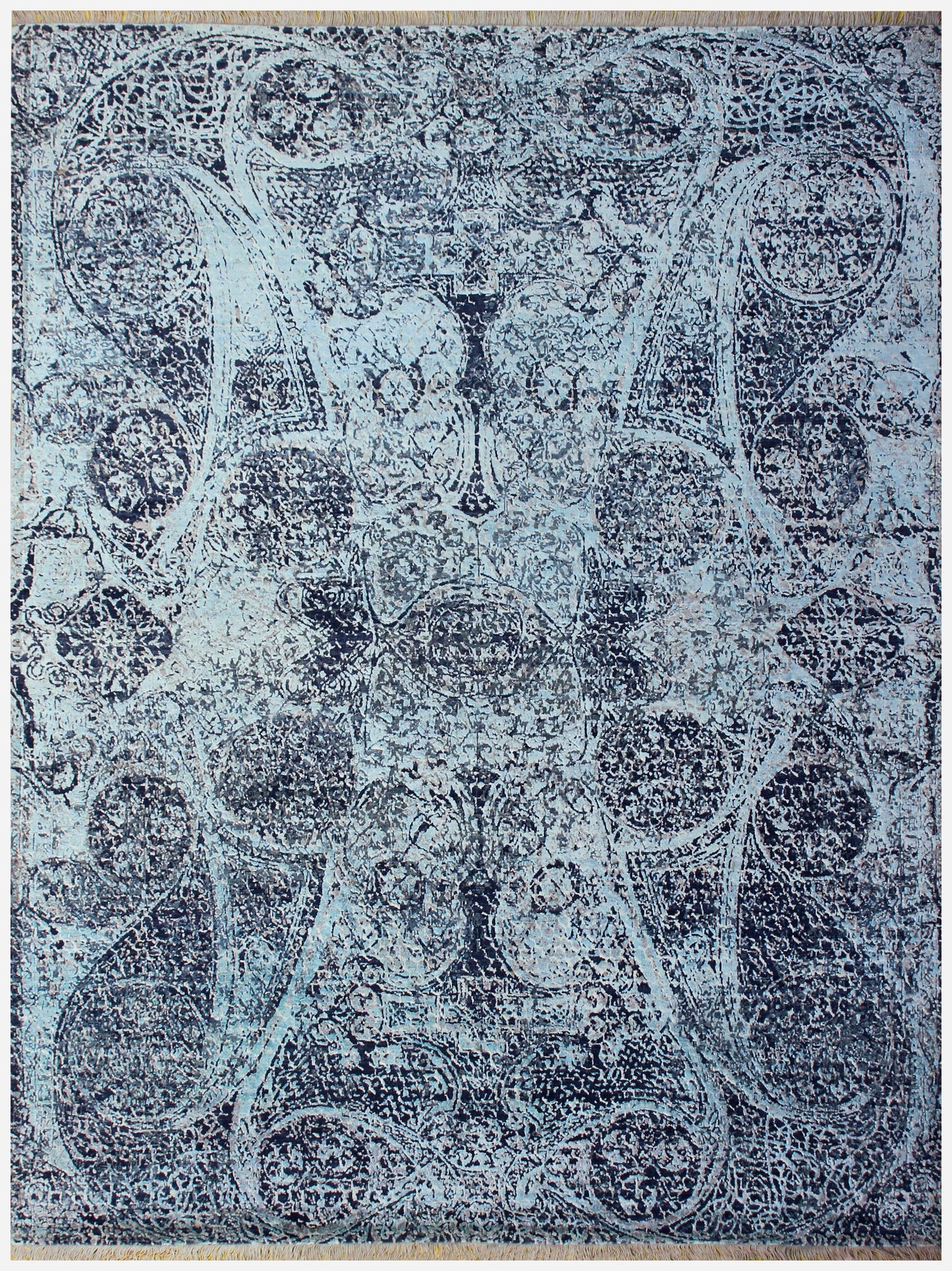 Ice Blue Aqua Navy Indigo Arabesque Medallion Hand Knotted Wool Viscose 8x10 Bhadohi Area Rug