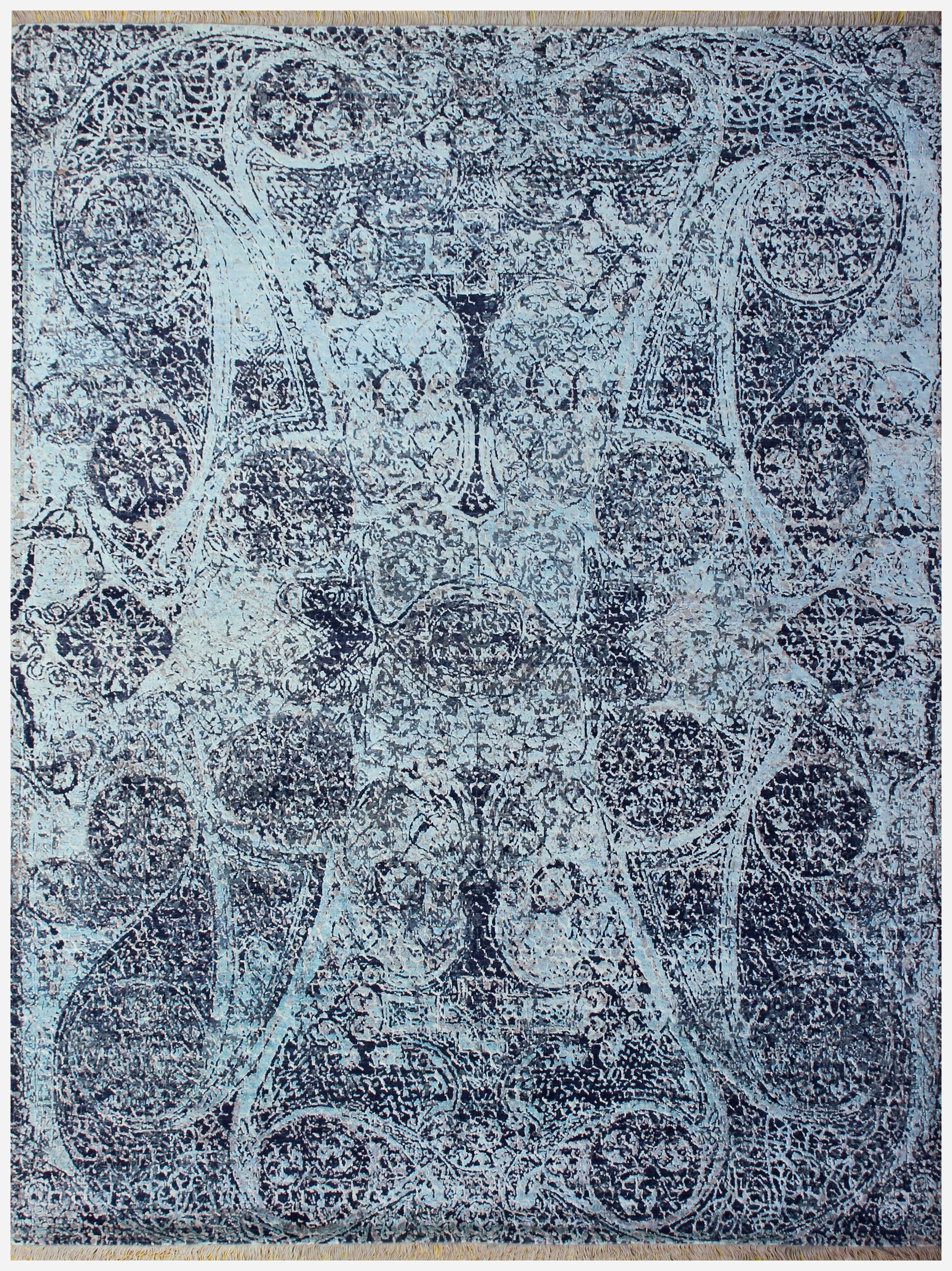 Ice Blue Aqua Navy Indigo Arabesque Medallion Hand Knotted Wool Viscose 8x10 Bhadohi Area Rug