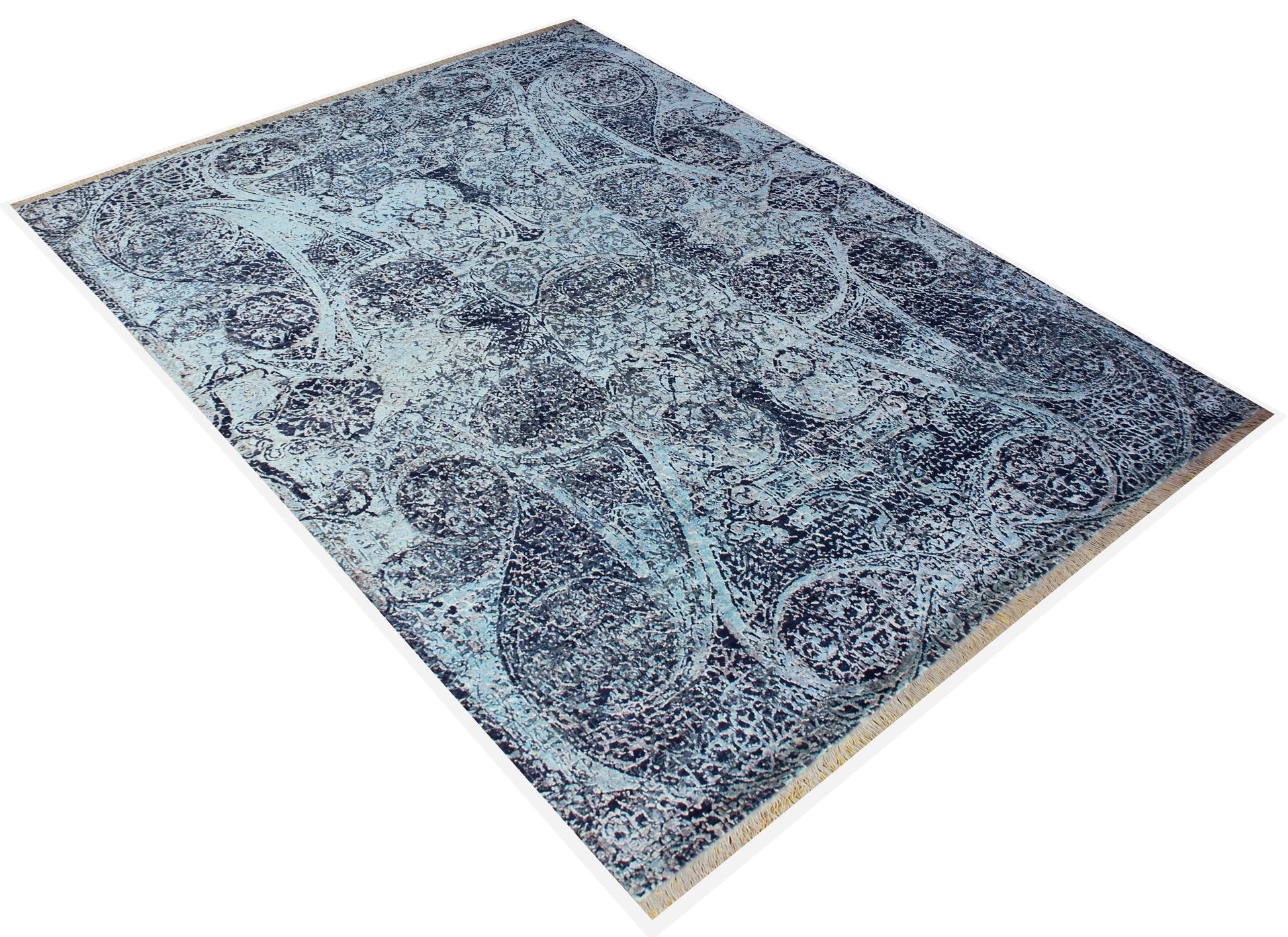 Ice Blue Aqua Navy Indigo Arabesque Medallion Hand Knotted Wool Viscose 8x10 Bhadohi Area Rug