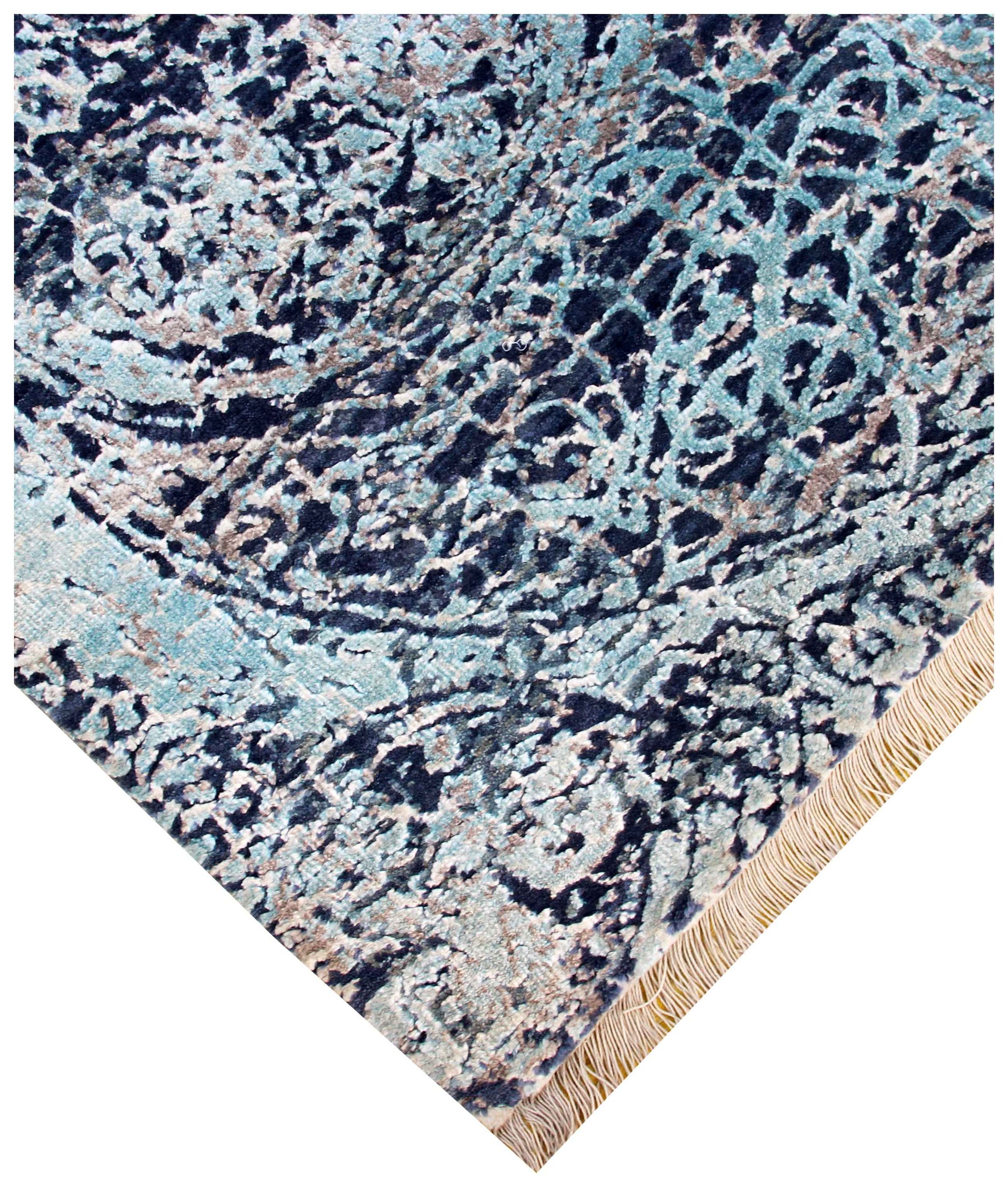 Ice Blue Aqua Navy Indigo Arabesque Medallion Hand Knotted Wool Viscose 8x10 Bhadohi Area Rug