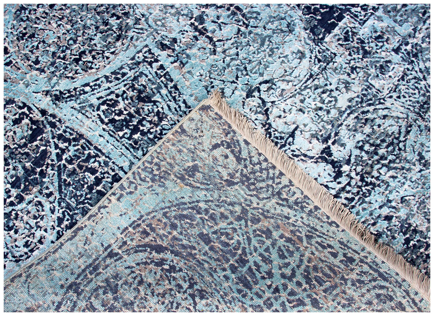 Ice Blue Aqua Navy Indigo Arabesque Medallion Hand Knotted Wool Viscose 8x10 Bhadohi Area Rug