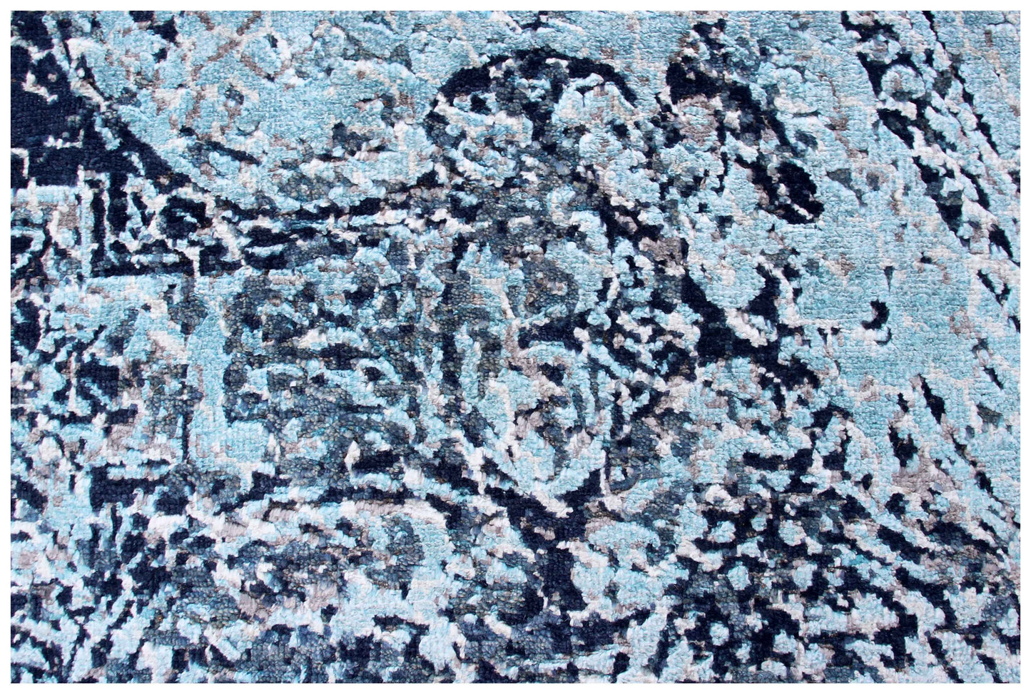 Ice Blue Aqua Navy Indigo Arabesque Medallion Hand Knotted Wool Viscose 8x10 Bhadohi Area Rug