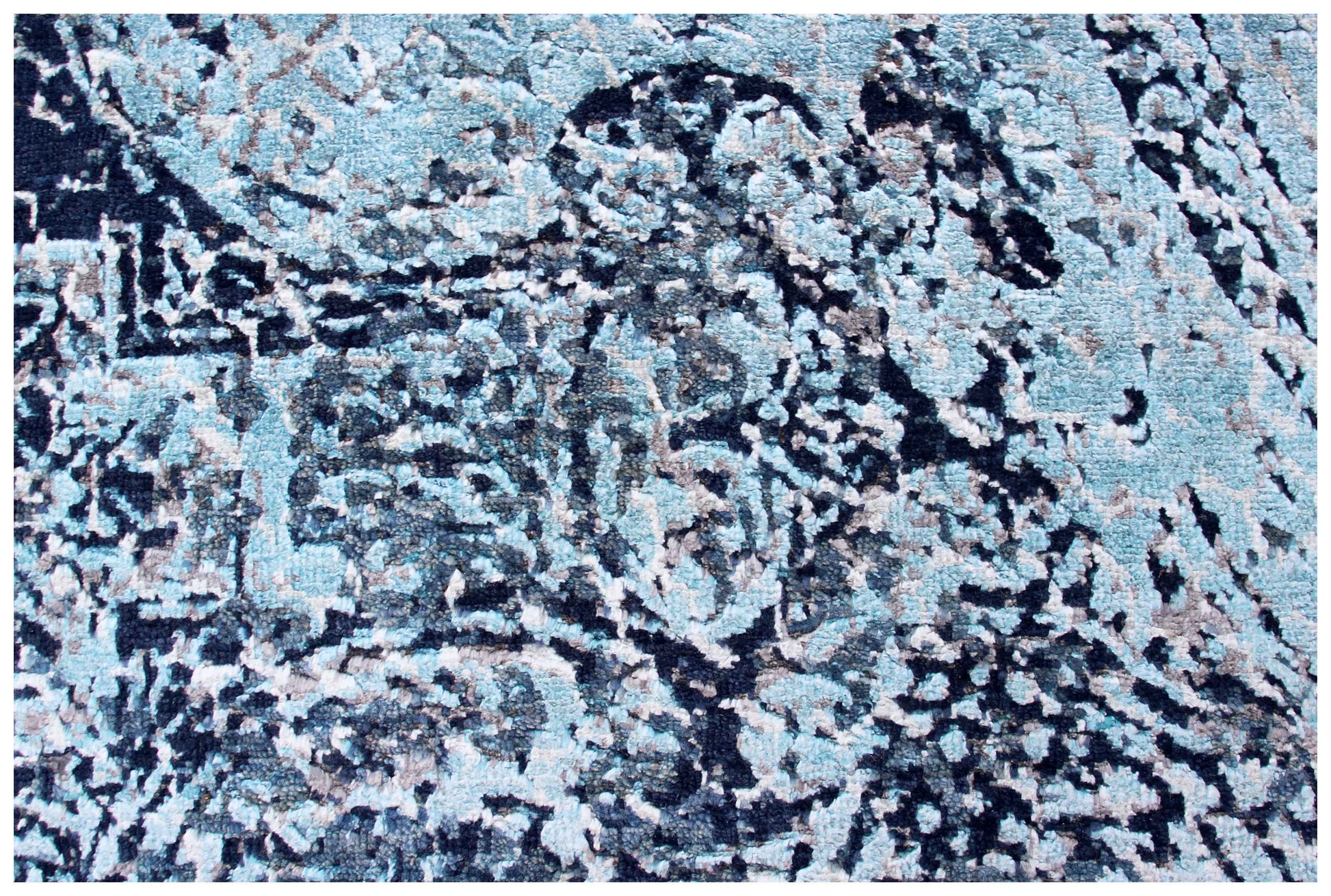 Ice Blue Aqua Navy Indigo Arabesque Medallion Hand Knotted Wool Viscose 8x10 Bhadohi Area Rug