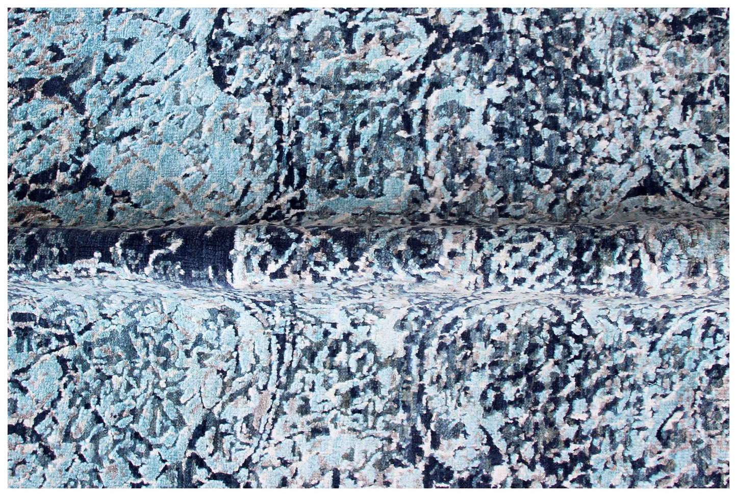 Ice Blue Aqua Navy Indigo Arabesque Medallion Hand Knotted Wool Viscose 8x10 Bhadohi Area Rug