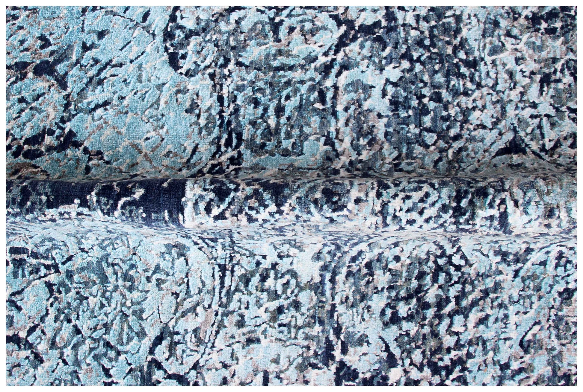 Ice Blue Aqua Navy Indigo Arabesque Medallion Hand Knotted Wool Viscose 8x10 Bhadohi Area Rug