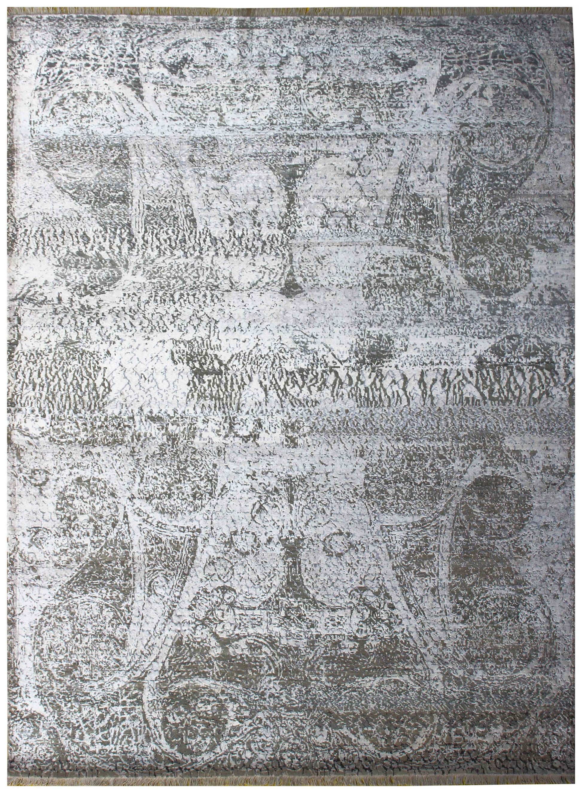 Arabesque Medallion 8x10 Hand Knotted Silver Ivory Taupe Brown Grey Wool Viscose Bhadohi Area Rug