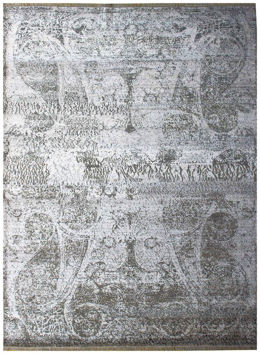 Arabesque Medallion 8x10 Hand Knotted Silver Ivory Taupe Brown Grey Wool Viscose Bhadohi Area Rug