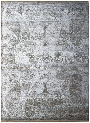 Arabesque Medallion 8x10 Hand Knotted Silver Ivory Taupe Brown Grey Wool Viscose Bhadohi Area Rug