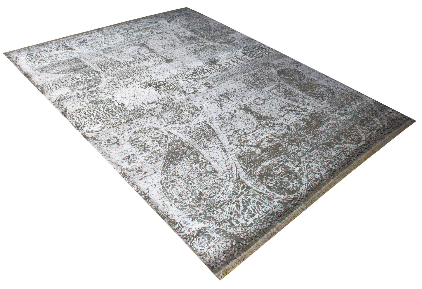 Arabesque Medallion 8x10 Hand Knotted Silver Ivory Taupe Brown Grey Wool Viscose Bhadohi Area Rug
