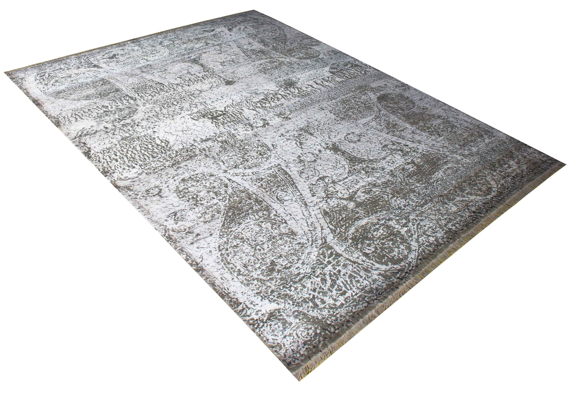 Arabesque Medallion 8x10 Hand Knotted Silver Ivory Taupe Brown Grey Wool Viscose Bhadohi Area Rug
