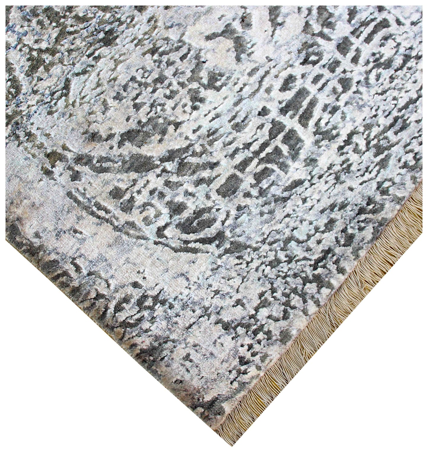 Arabesque Medallion 8x10 Hand Knotted Silver Ivory Taupe Brown Grey Wool Viscose Bhadohi Area Rug
