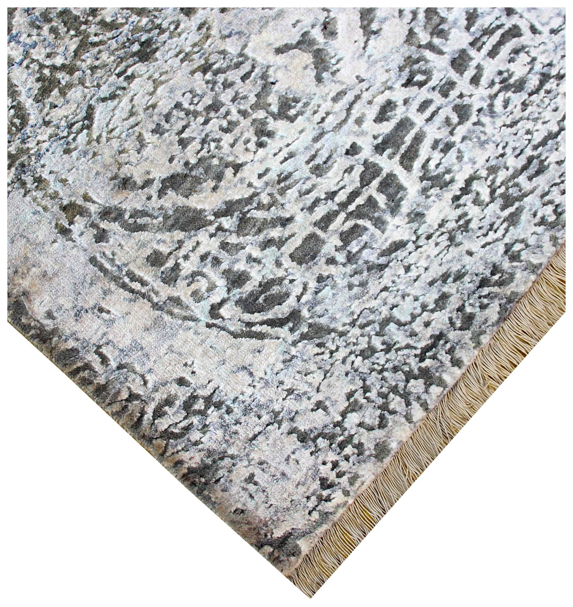 Arabesque Medallion 8x10 Hand Knotted Silver Ivory Taupe Brown Grey Wool Viscose Bhadohi Area Rug