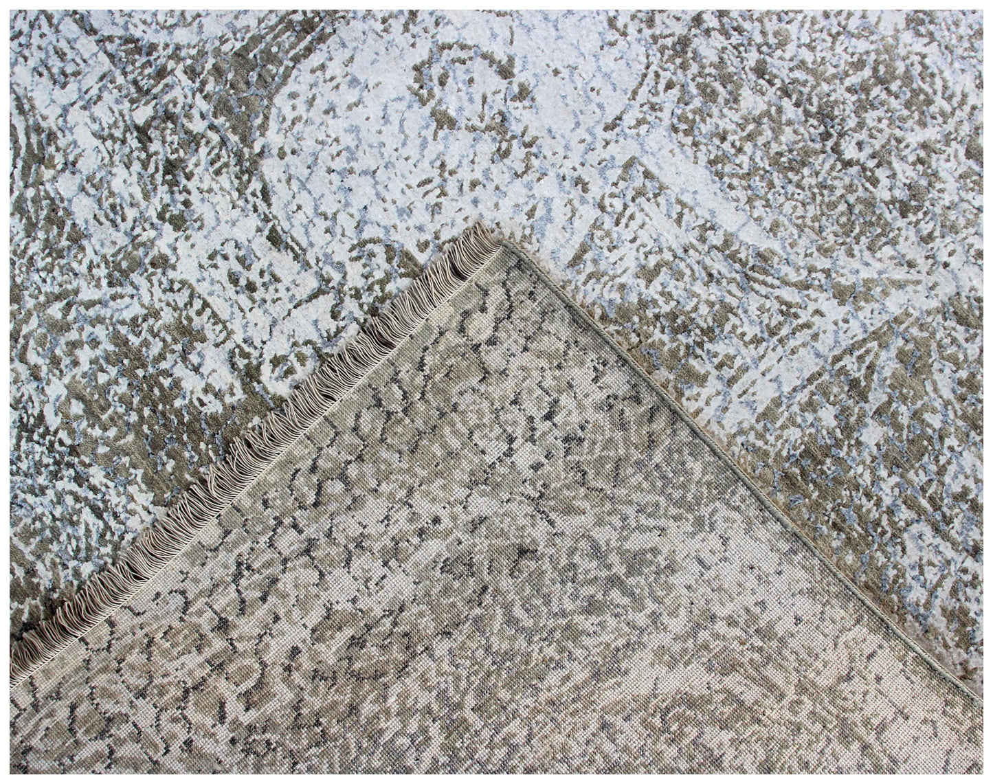 Arabesque Medallion 8x10 Hand Knotted Silver Ivory Taupe Brown Grey Wool Viscose Bhadohi Area Rug